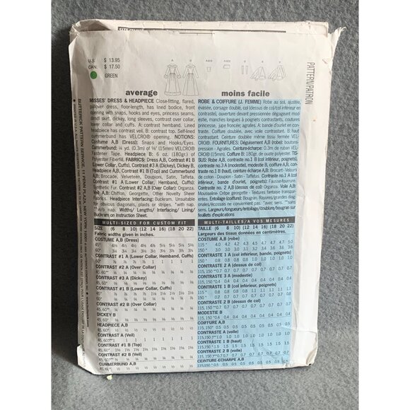 Butterick 6751 Medieval Dress Headpiece Sewing Pattern Sizes 12-16 uncut - Picture 2 of 2